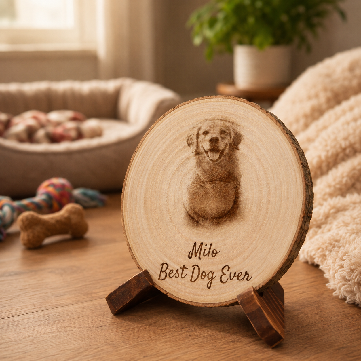 Close up of natural bark edge, real wood grain, and laser engraved pet portrait detail