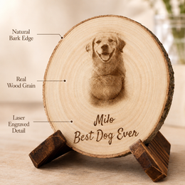 Size options for personalized pet photo wood slice in small medium and large