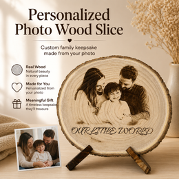 Personalized family photo wood slice custom engraved keepsake gift on natural wood