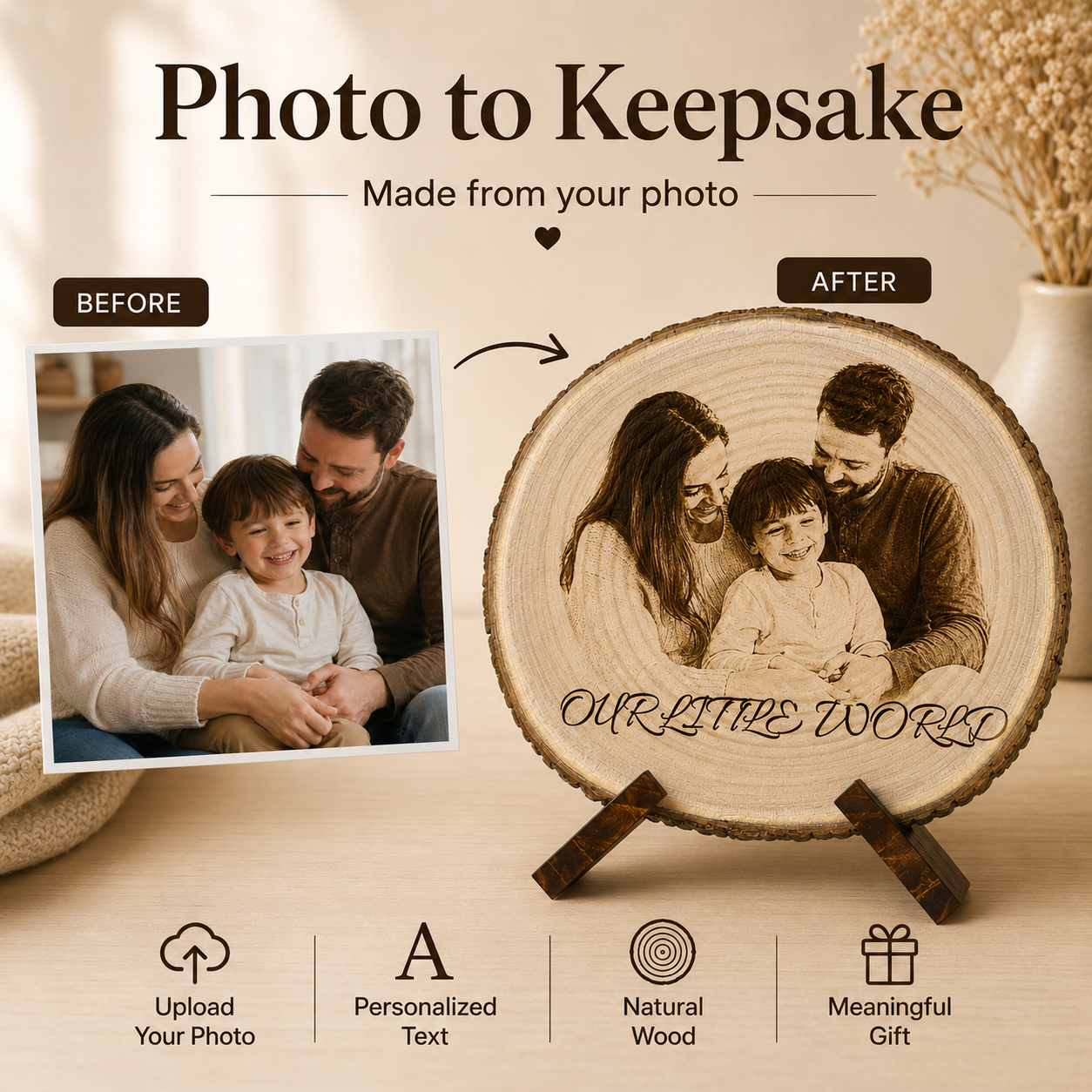Personalized photo to wood slice keepsake showing laser engraved family portrait result