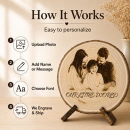 Meaningful personalized family photo gift engraved on real natural wood slice