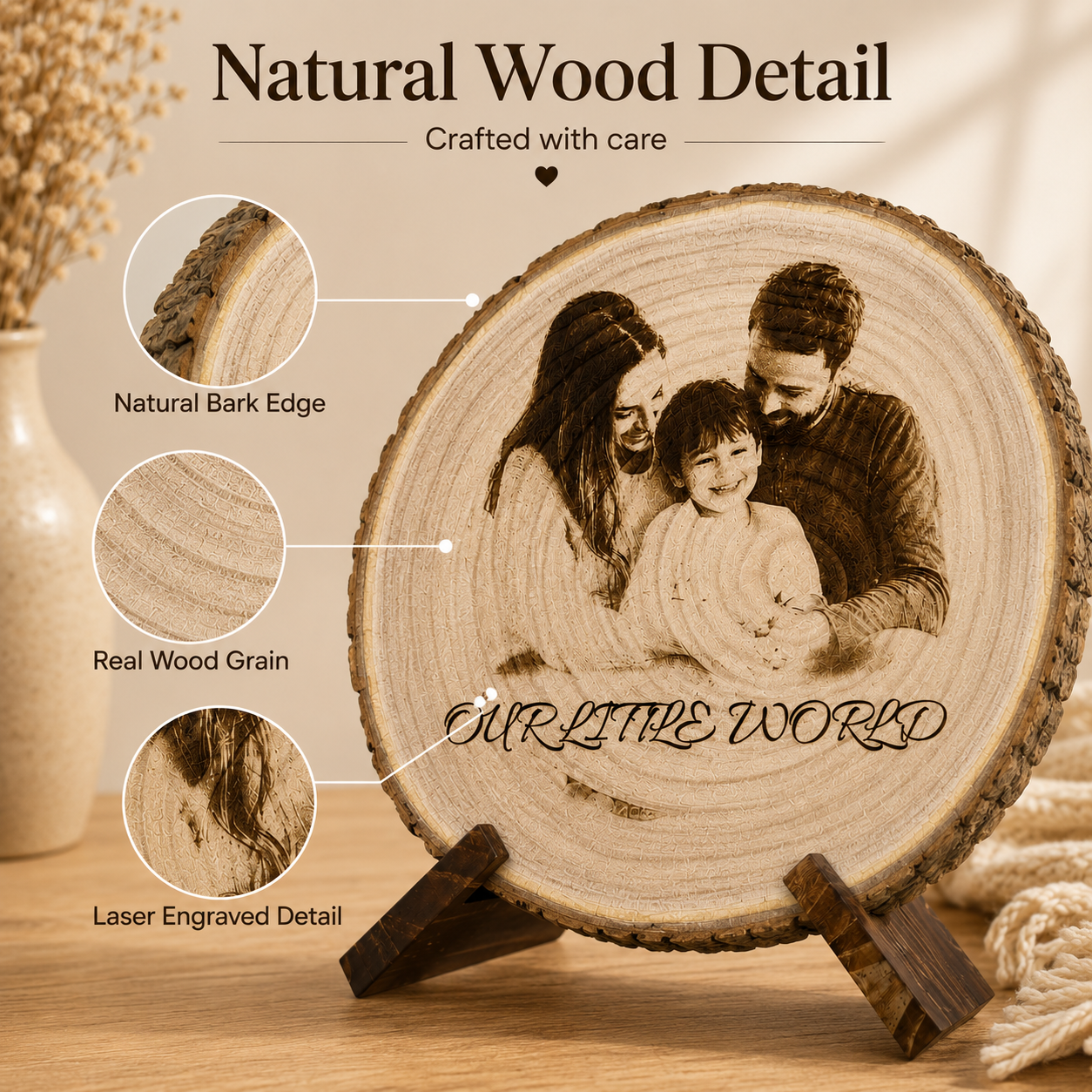 How to personalize a family photo wood slice with uploaded photo text and font choice