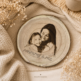 Personalized mother and child photo wood slice keepsake with engraved mommy and me design on a dark wooden stand.