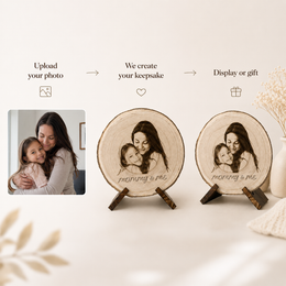 Custom mom and child photo wood slice gift shown with natural wood grain and engraved text.