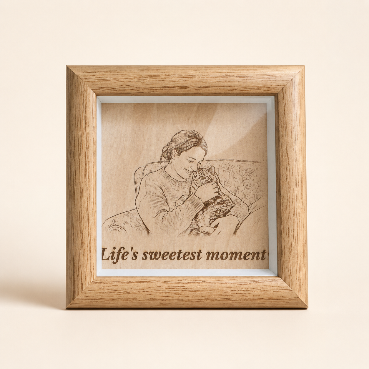 Personalized pet photo wood frame gift with engraved effect portrait and custom text for cat moms and pet lovers