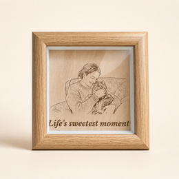Personalized pet photo wood frame gift with engraved effect portrait and custom text for cat moms and pet lovers