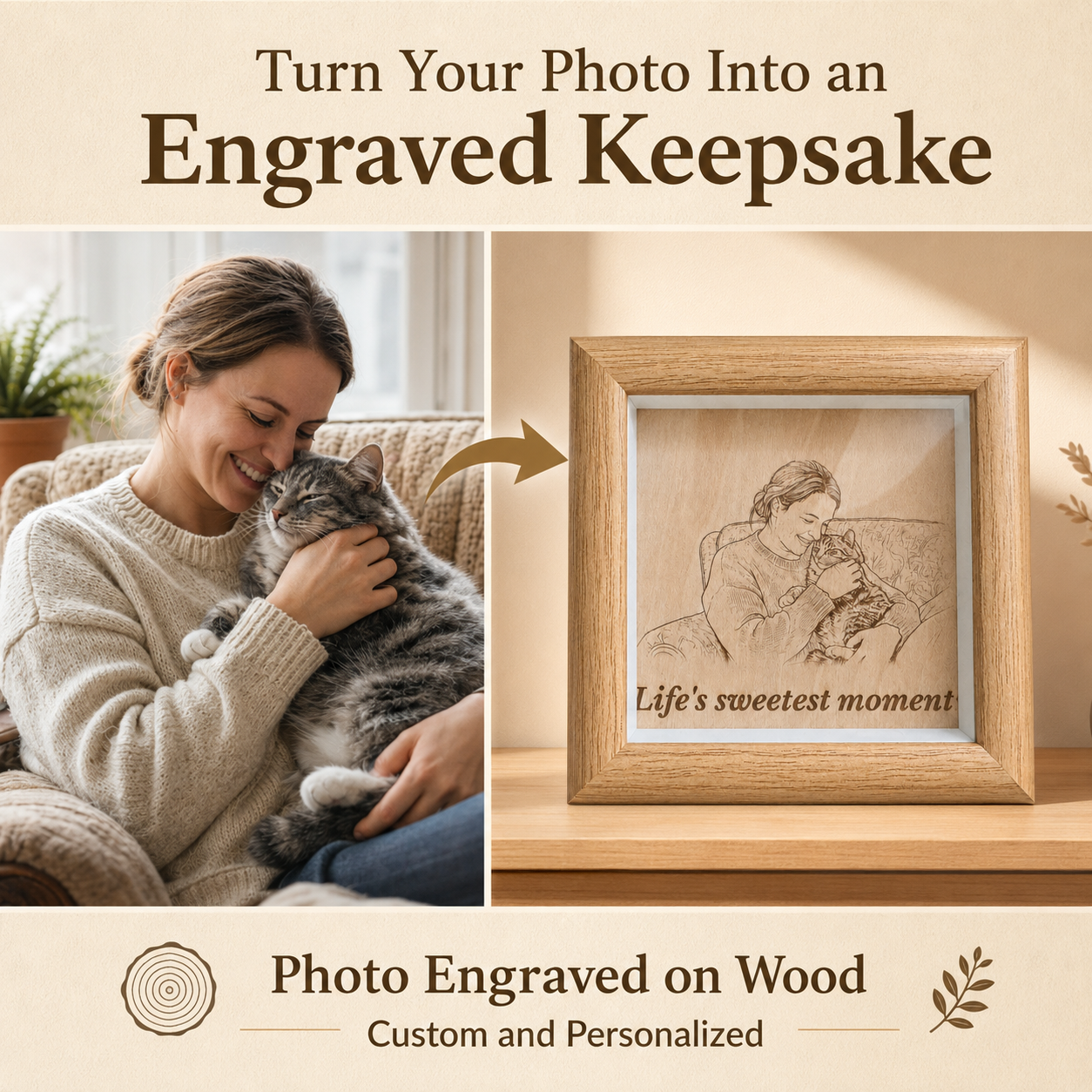 Available sizes and frame color options for a personalized engraved pet photo wood frame