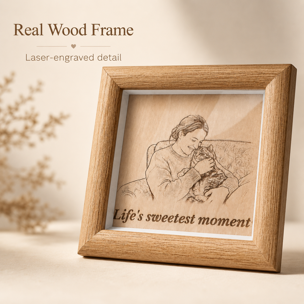 Personalized pet portrait wood frame with engraved effect photo and custom phrase