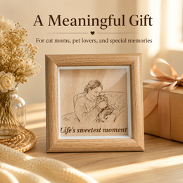 Pet photo transformed into an engraved wood frame keepsake with custom personalization