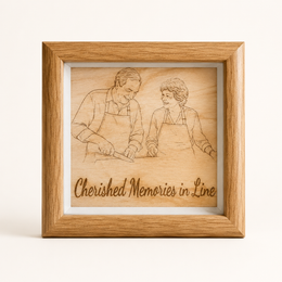 Photo to keepsake scene showing an older couple photo turned into an engraved wood frame gift