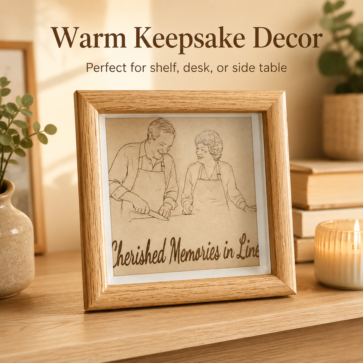Hand holding personalized engraved wood frame showing easy tabletop display size