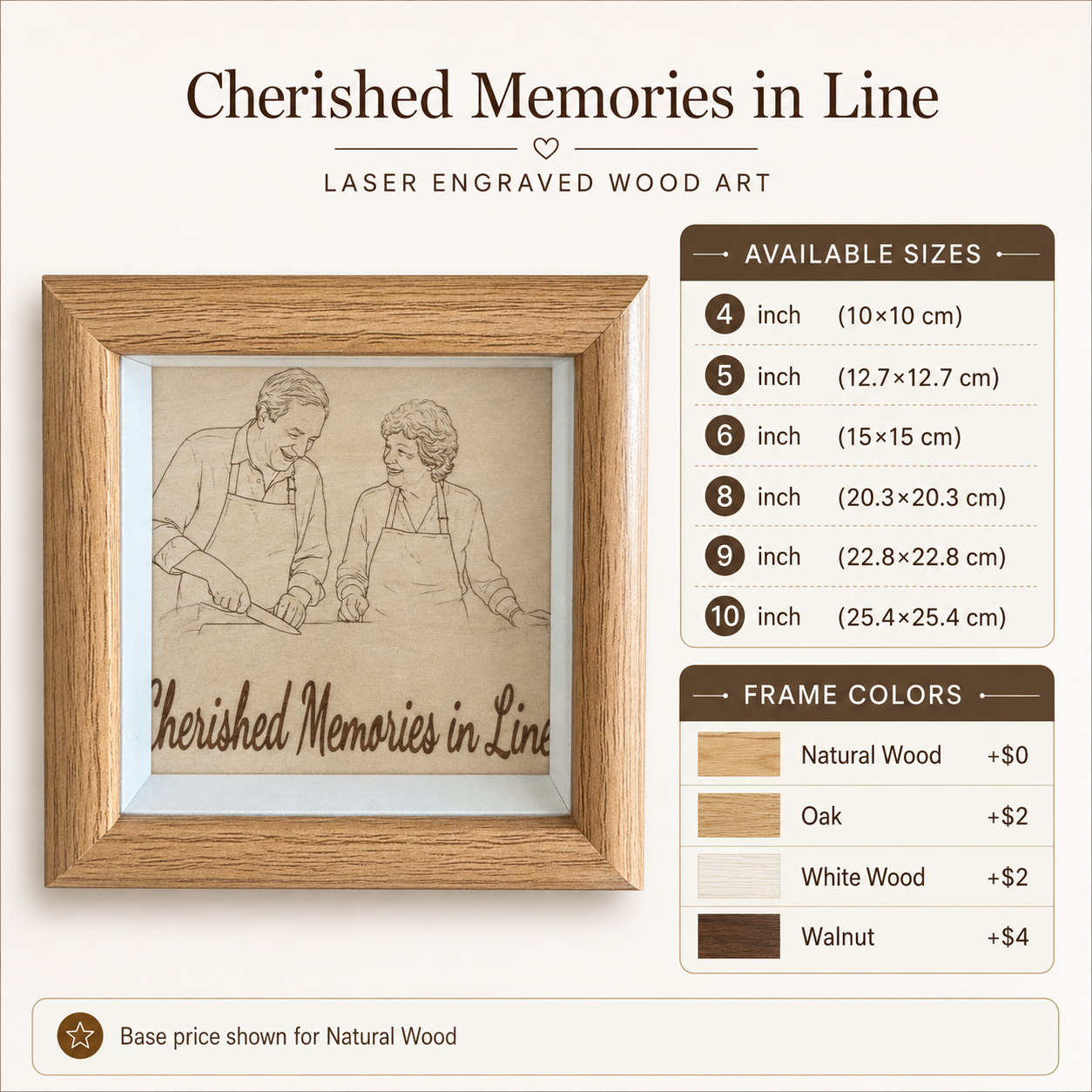 Clean front view of personalized engraved wood frame with couple portrait artwork