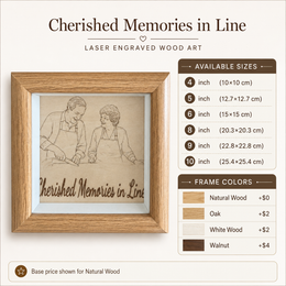 Clean front view of personalized engraved wood frame with couple portrait artwork