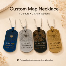 Custom map necklace with engraved-effect location map, heart marker, names, date and coordinates