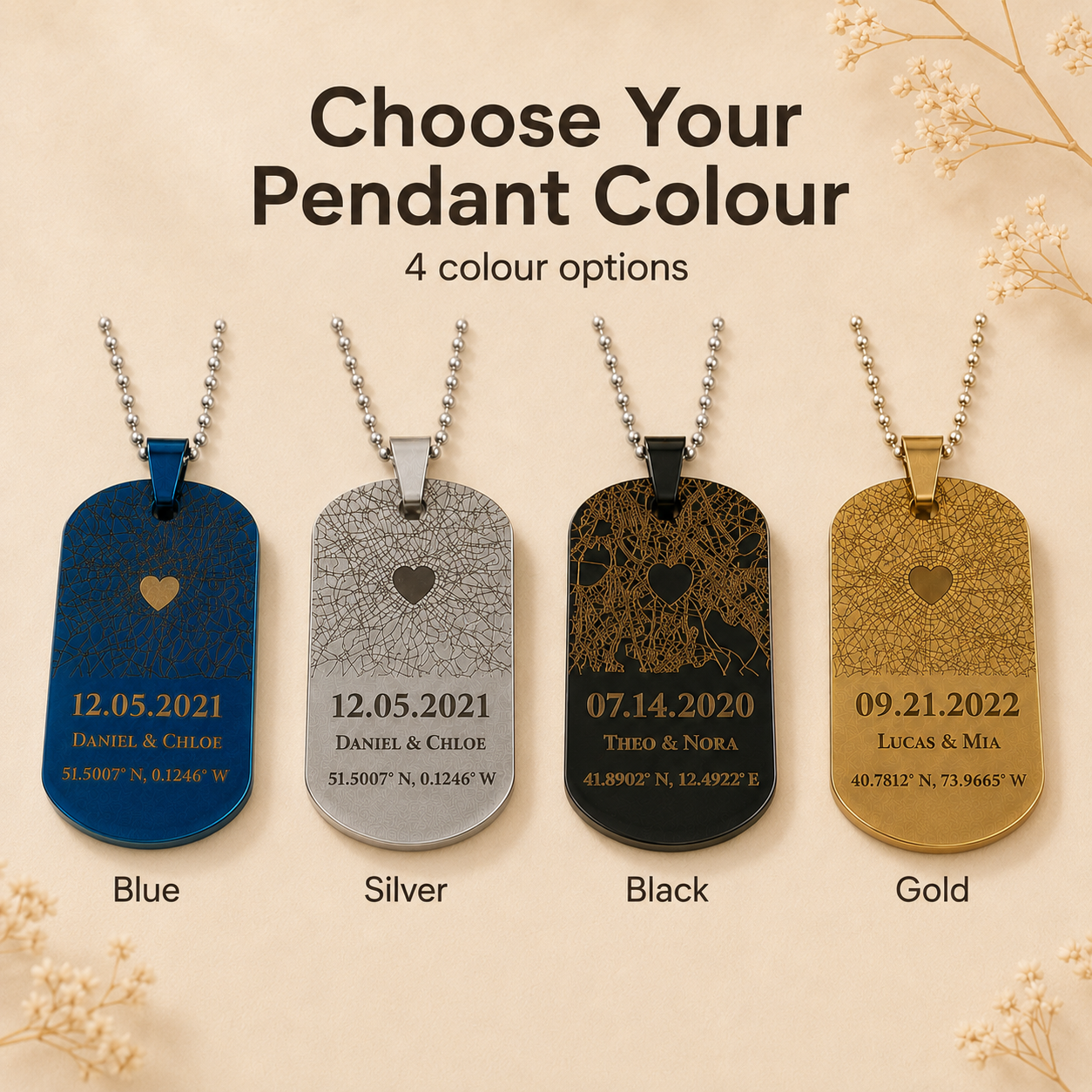 Pendant color options for custom map necklace in Silver, Blue, Black and Gold