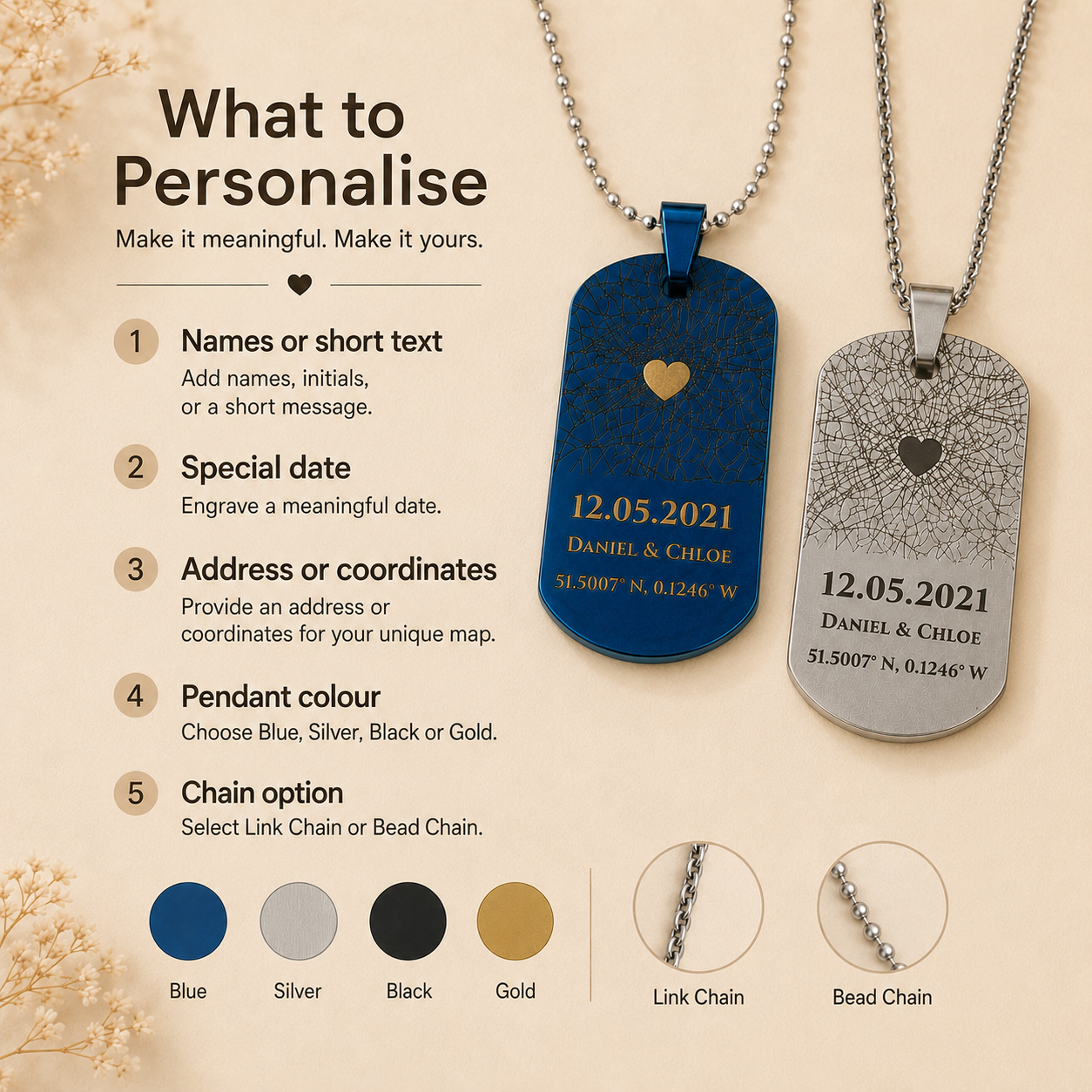 Personalization guide for custom map necklace with location, names, date and coordinates