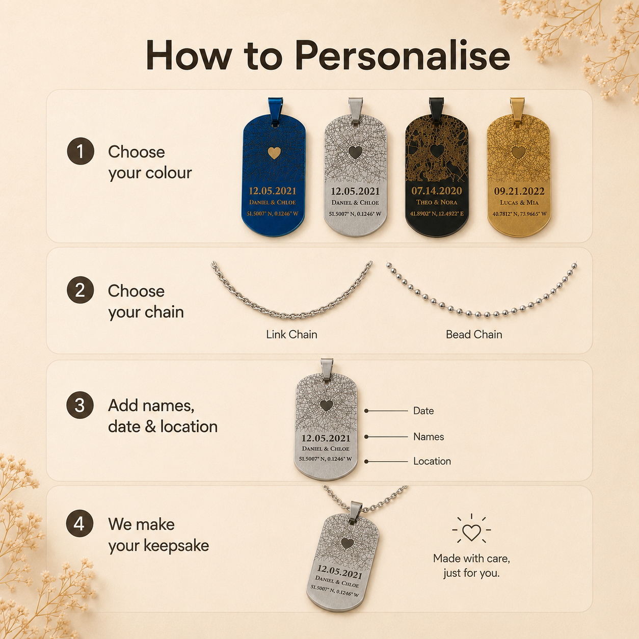 How to personalize a map necklace with pendant color, chain option, names, date and location