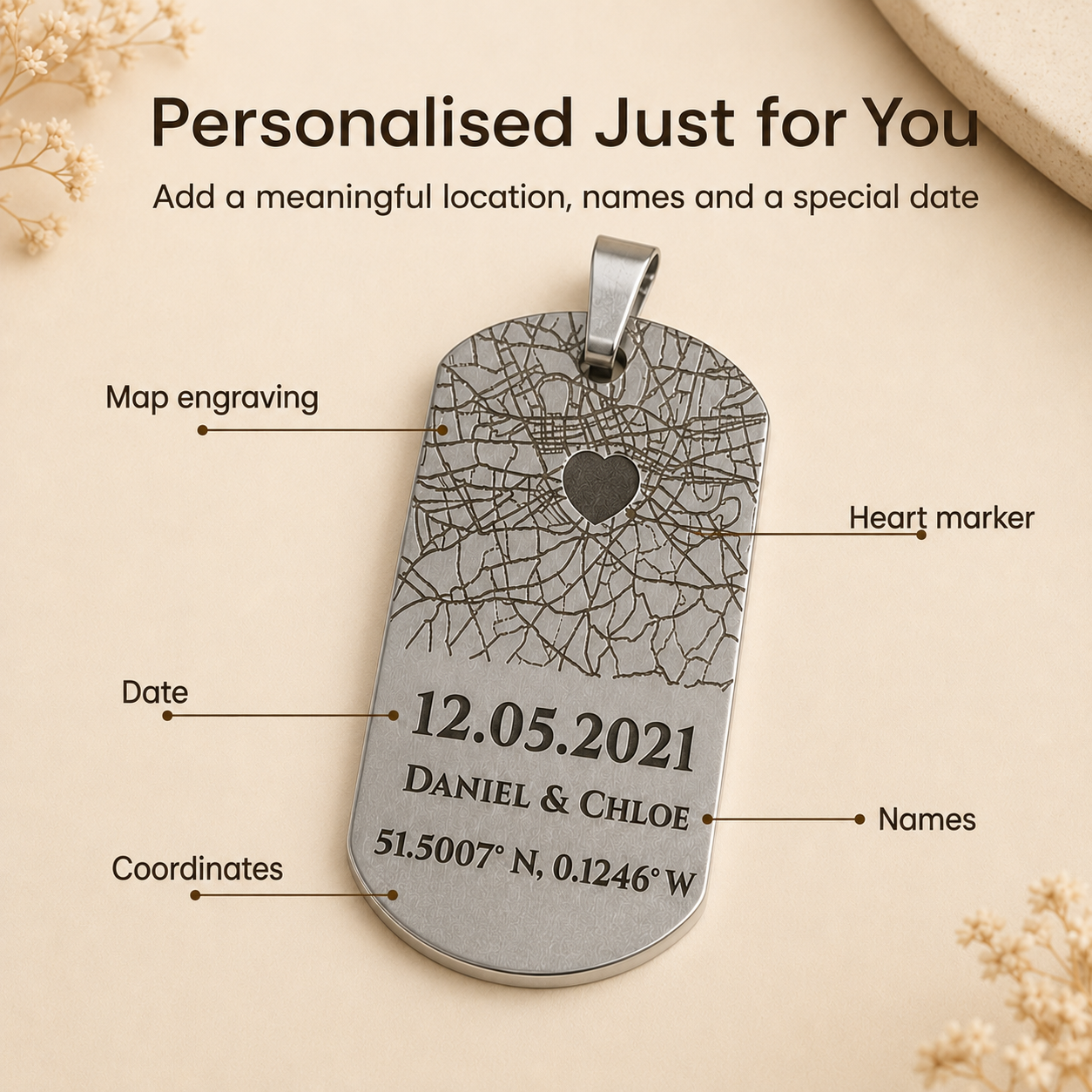 Close-up of custom map pendant showing engraved-effect map lines, heart marker and coordinates