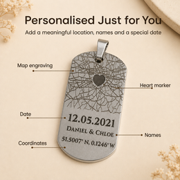 Close-up of custom map pendant showing engraved-effect map lines, heart marker and coordinates