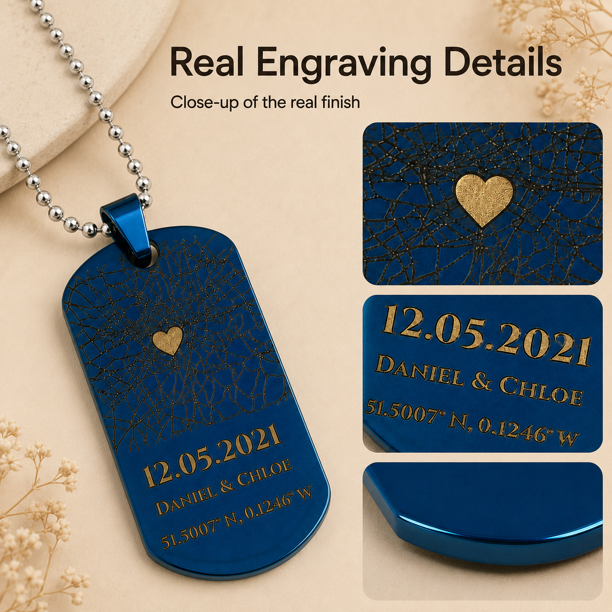 Engraved-effect map necklace detail showing pendant edge, map lines and personalized text