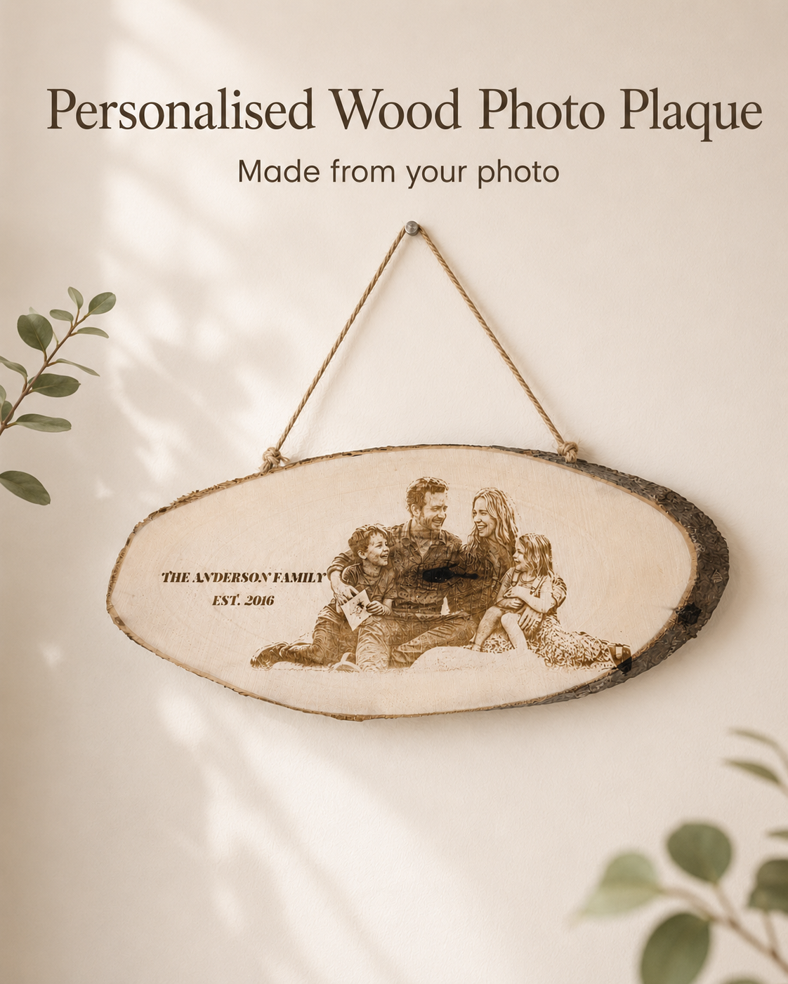 Personalized wood photo plaque with rope hanger and engraved-effect family photo on natural bark-edge wood