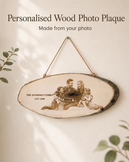 Personalized wood photo plaque with rope hanger and engraved-effect family photo on natural bark-edge wood