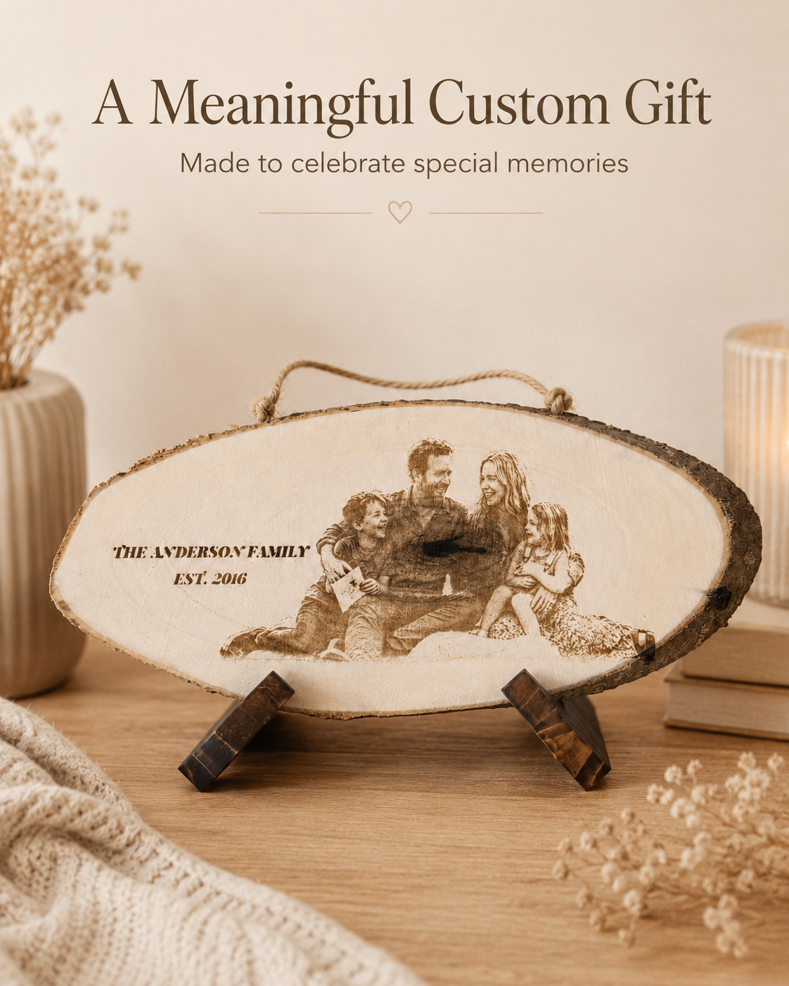 Custom engraved-effect wood photo plaque displayed in a warm home setting with natural wood edge