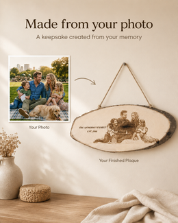 Photo-to-plaque process showing customer photo transformed into a hanging wood photo plaque