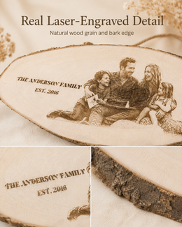 Close-up of wood grain, bark edge, and engraved-effect photo detail on a personalized wood plaque