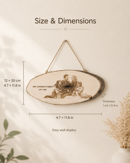 Size guide for personalized hanging wood photo plaque showing 12 by 30 cm and 1 cm thickness