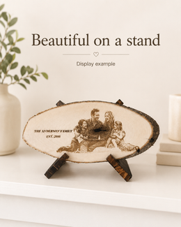 Display example of personalized wood photo plaque in home decor setting; no stand option included