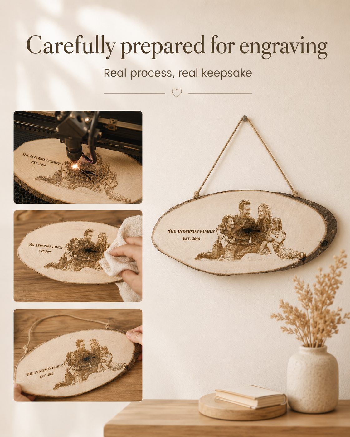 Personalized wood photo plaque carefully prepared with engraved-effect process and finished by hand