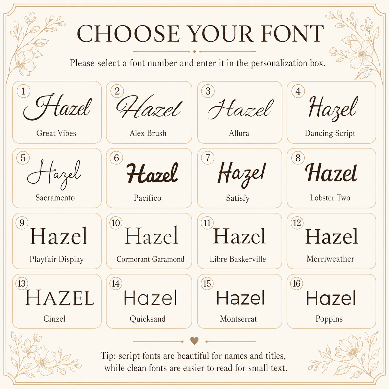 Font selection guide for personalized mother and child wood slice names, dates and short messages.