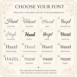 Font selection guide for personalized mother and child wood slice names, dates and short messages.