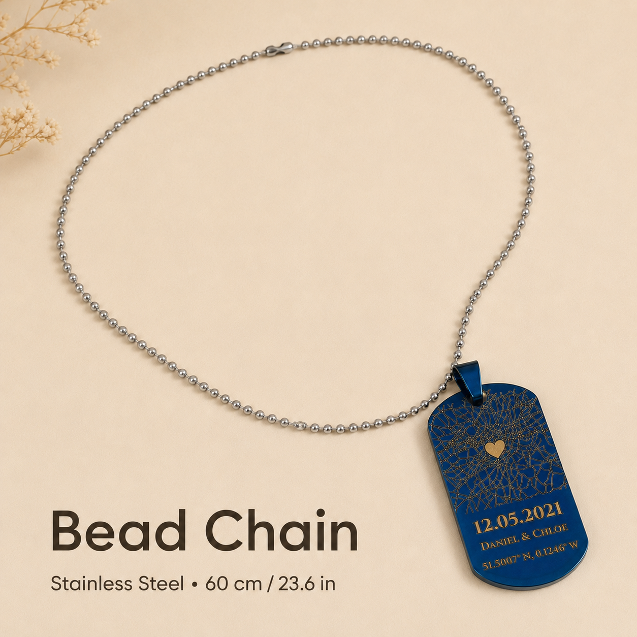 Bead Chain option for custom map necklace, stainless steel style, 60 cm / 23.6 in