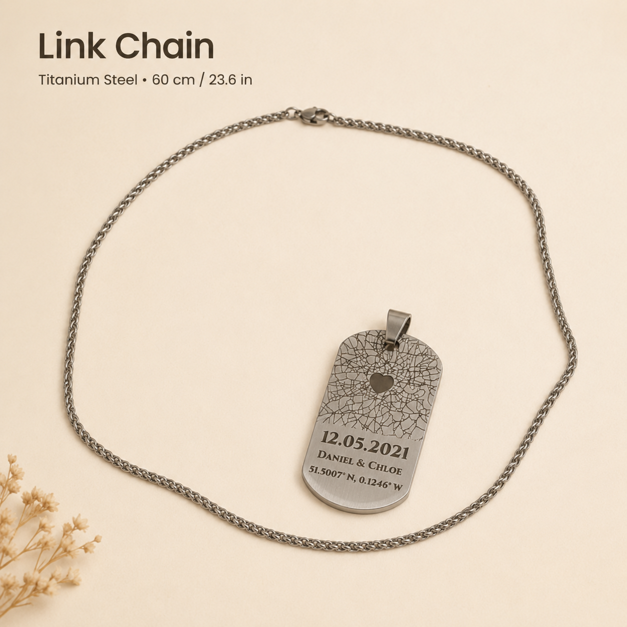 Link Chain option for custom map necklace, titanium steel style, 60 cm / 23.6 in