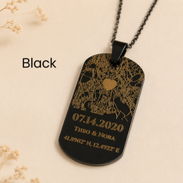 Black custom map necklace pendant with heart marker, date, names and coordinates