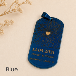 Blue custom map necklace pendant with engraved-effect map and personalized coordinates