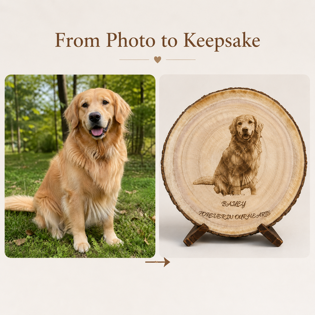 Evervain Studio custom pet photo wood slice before and after dog portrait engraving example
