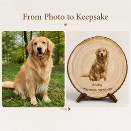 Evervain Studio custom pet photo wood slice before and after dog portrait engraving example