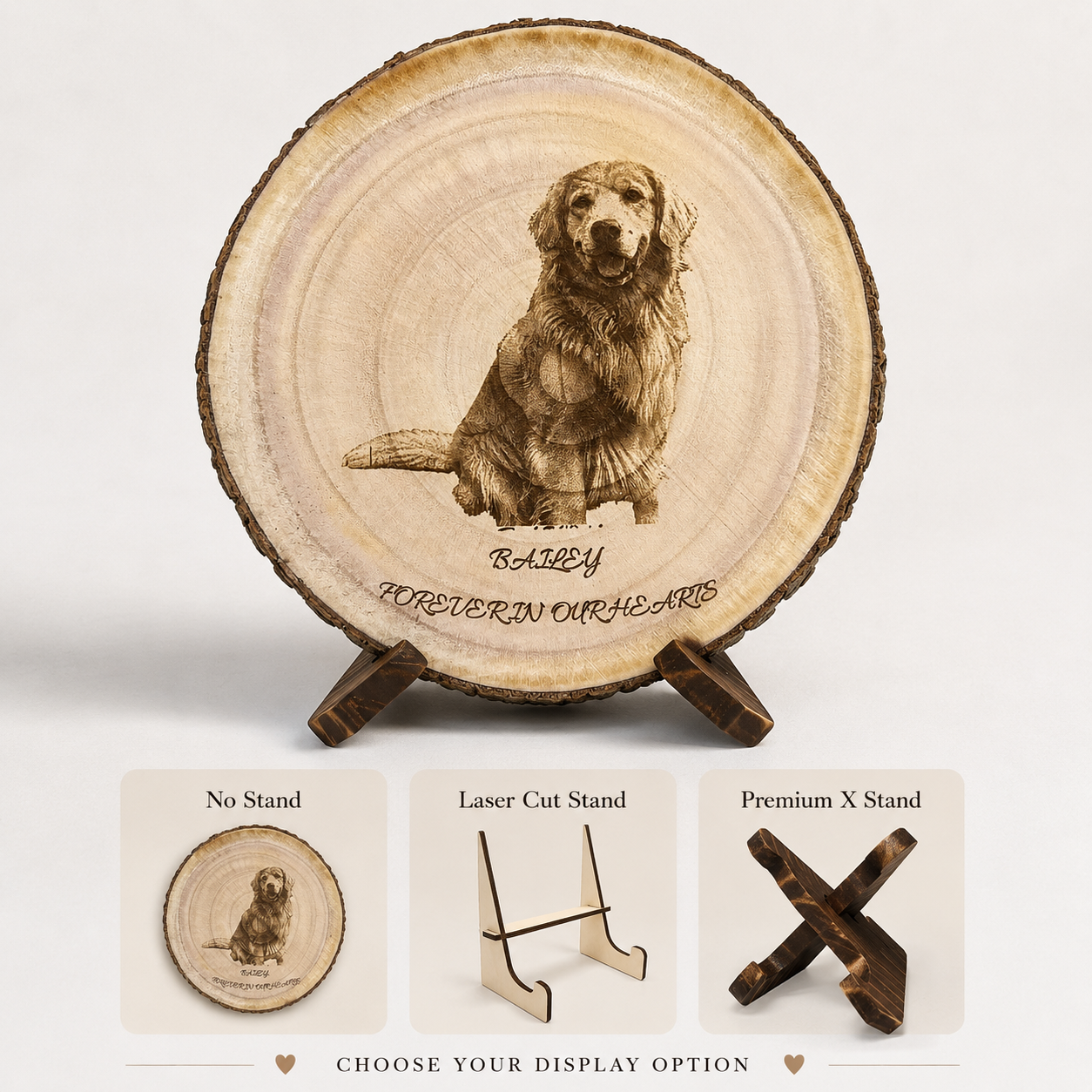 Evervain Studio pet photo wood slice display option guide showing no stand laser cut stand and premium X stand