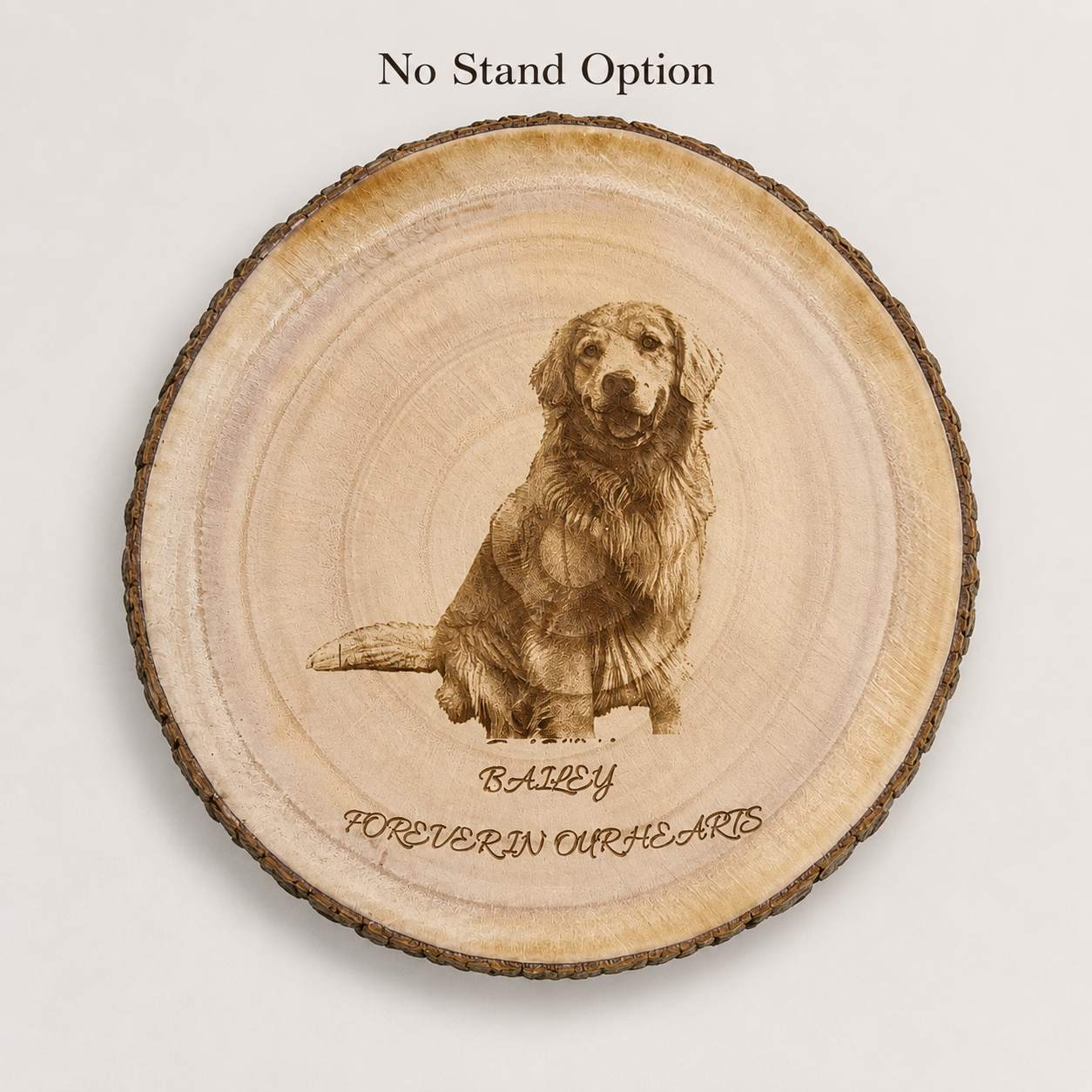 Evervain Studio engraved pet photo wood slice shown without a display stand
