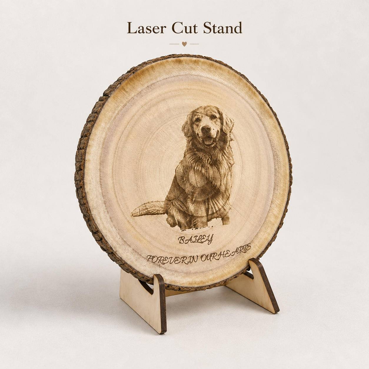 Evervain Studio engraved pet photo wood slice displayed with a light laser cut wooden stand