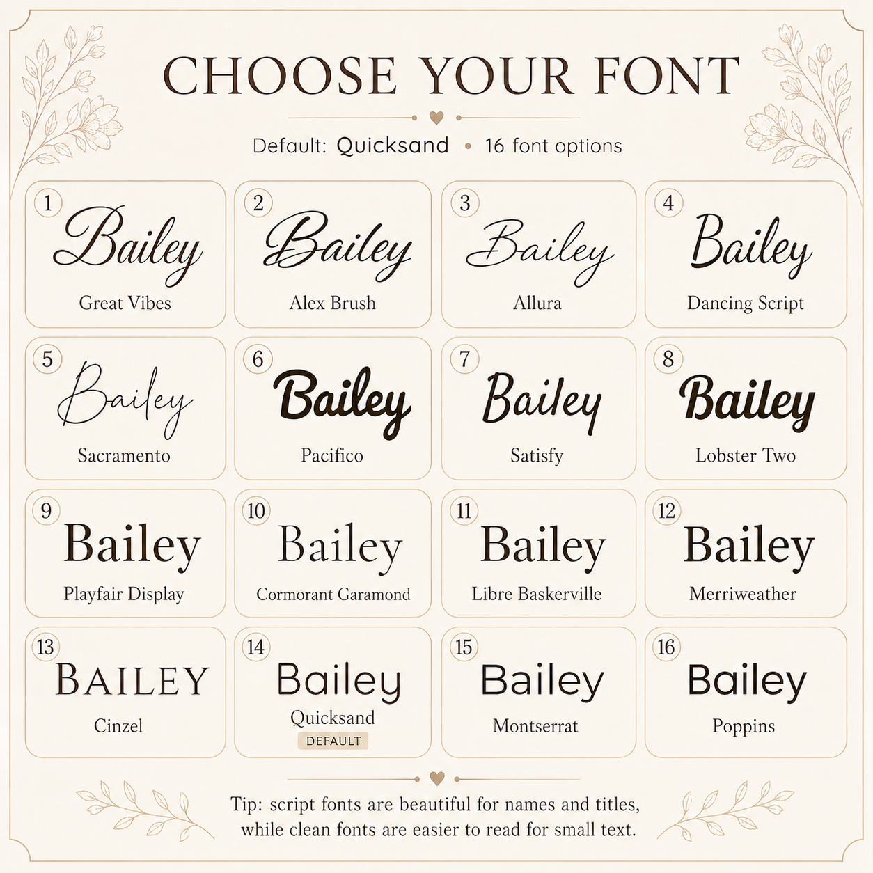 Evervain Studio font guide for personalized pet wood slice engraving with sixteen font options