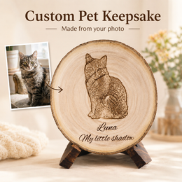 Personalized pet photo wood slice with custom cat portrait engraving, pet name Luna, and message My little shadow on a wooden stand.