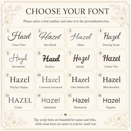 Font selection chart for custom names and date engraving on a personalized wood slice