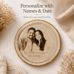 Personalized photo wood slice keepsake displayed with soft neutral decor