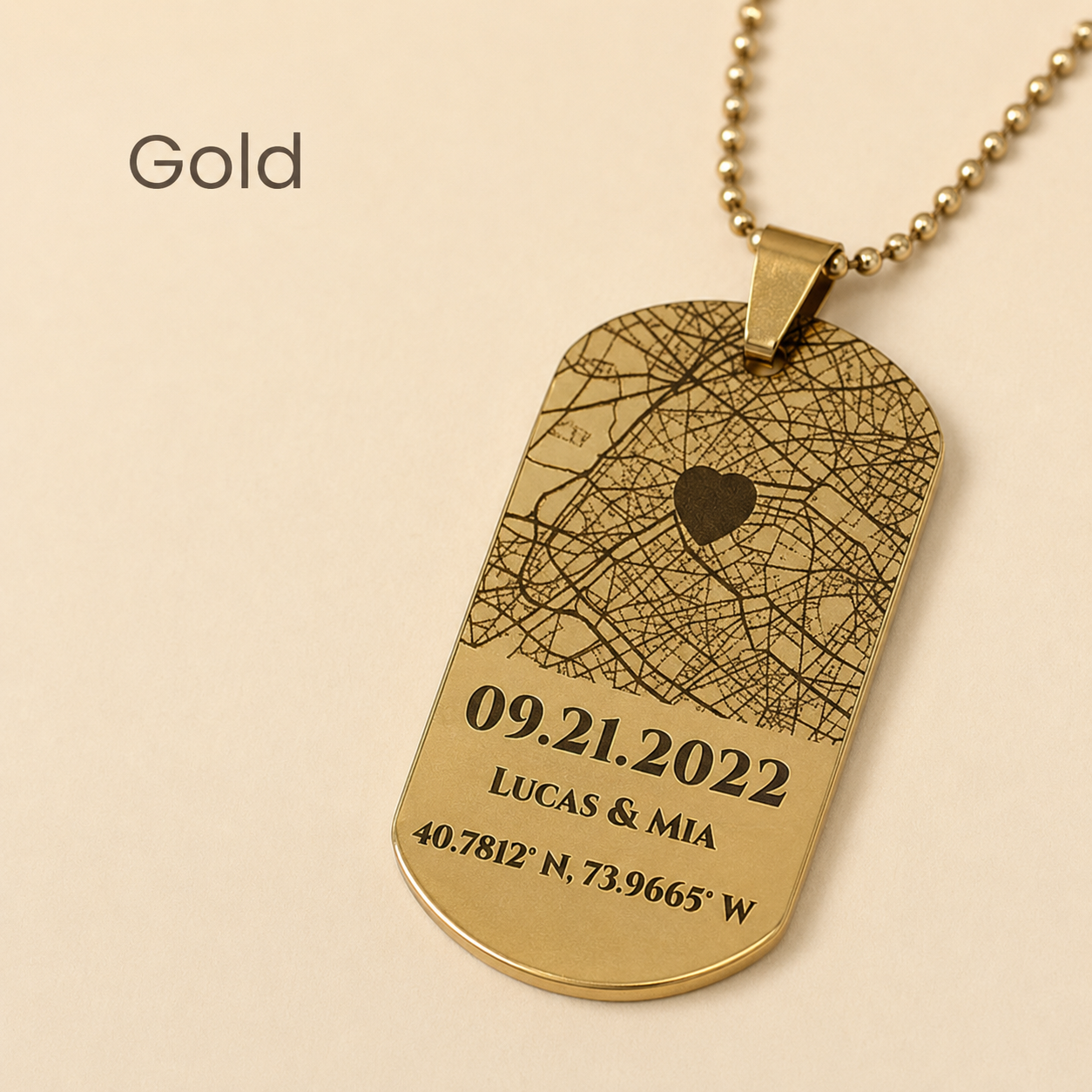 Gold custom map necklace pendant with engraved-effect map, heart marker and names