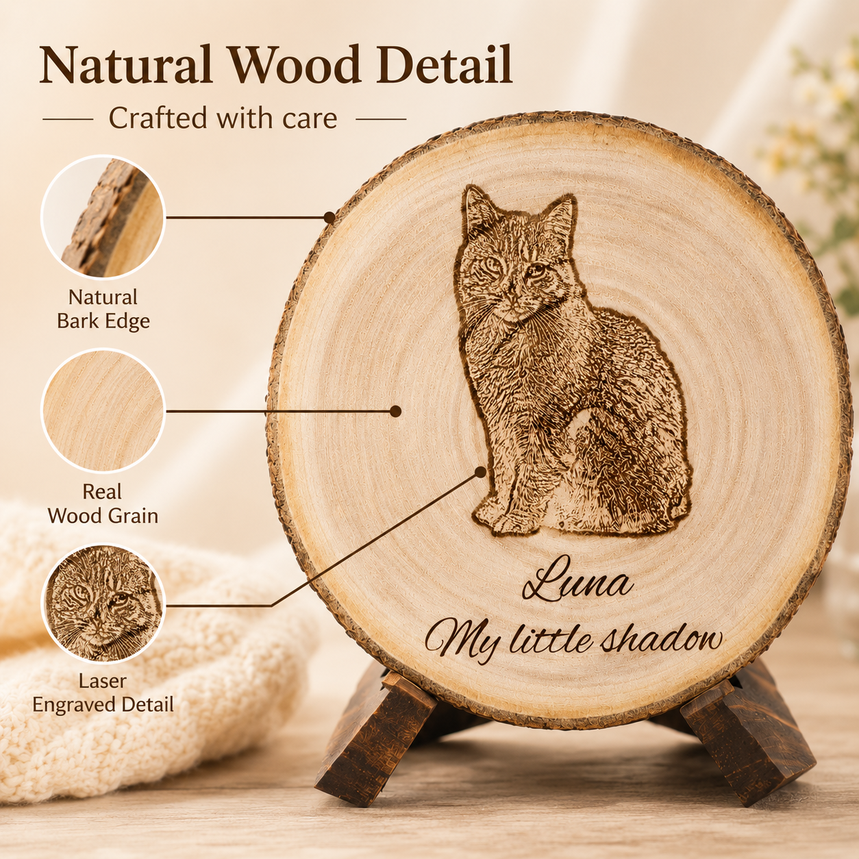 Close-up detail of a natural wood slice with bark edge, real wood grain, and laser engraved cat portrait.