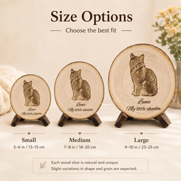 Size options for personalized pet photo wood slice gifts, showing small, medium, and large natural wood slice choices.
